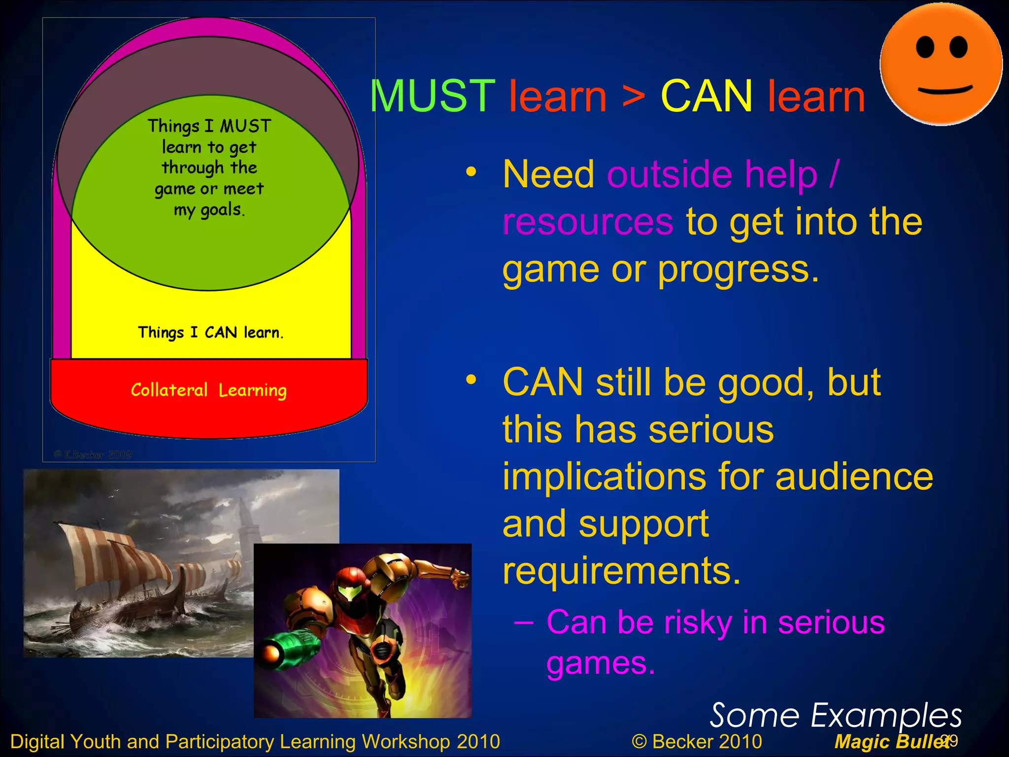 29Digital Youth and Participatory Learning Workshop 2010 © Becker 2010 Magic Bullet
MUST learn > CAN learn
• Need outside help /
resources to get into the
game or progress.
• CAN still be good, but
this has serious
implications for audience
and support
requirements.
– Can be risky in serious
games.
Some Examples
 