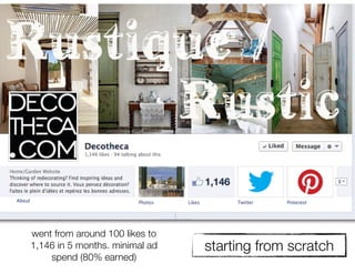 went from around 100 likes to
1,146 in 5 months. minimal ad   starting from scratch
    spend (80% earned)
 