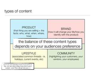 types of content



                             PRODUCT                             BRAND
                (that thing you are selling + the
                                                    (how it will change your life/how you
               facts: who, what, when, where,
                                                         identify with the product)
                              how)

                   the balance of these content types
                 depends on your audiences preference
                            LIFESTYLE                        COMMUNITY
             (associated common threads - ie.        (highlighting your customers, your
                holidays, current events, etc)           vendors, your employees)

but if you are spending most of your time on
this, you are using cheap tricks and it won’t
   sustain...even Oreo will get old soon. ;)
 