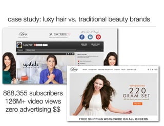 case study: luxy hair vs. traditional beauty brands




888,355 subscribers
126M+ video views
 zero advertising $$
 