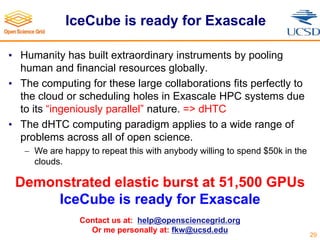 IceCube is ready for Exascale
• Humanity has built extraordinary instruments by pooling
human and financial resources globally.
• The computing for these large collaborations fits perfectly to
the cloud or scheduling holes in Exascale HPC systems due
to its “ingeniously parallel” nature. => dHTC
• The dHTC computing paradigm applies to a wide range of
problems across all of open science.
 We are happy to repeat this with anybody willing to spend $50k in the
clouds.
29
Contact us at: help@opensciencegrid.org
Or me personally at: fkw@ucsd.edu
Demonstrated elastic burst at 51,500 GPUs
IceCube is ready for Exascale
 