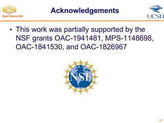 Acknowledgements
• This work was partially supported by the
NSF grants OAC-1941481, MPS-1148698,
OAC-1841530, and OAC-1826...
