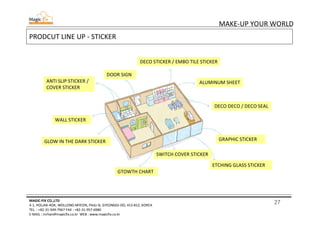 27
MAKE-UP YOUR WORLD
MAGIC-FIX CO.,LTD
4-1, HOLJAK-ROK, WOLLONG-MYEON, PAJU-SI, GYEONGGI-DO, 413-812, KOREA
TEL. : +82-31-949-7967 FAX : +82-31-957-6980
E-MAIL : mrhan@magicfix.co.kr WEB : www.magicfix.co.kr
PRODCUT LINE UP - STICKER
ANTI SLIP STICKER /
COVER STICKER
ALUMINUM SHEET
DECO DECO / DECO SEAL
SWITCH COVER STICKER
ETCHING GLASS STICKER
GRAPHIC STICKER
GTOWTH CHART
DOOR SIGN
DECO STICKER / EMBO TILE STICKER
ALUMINUM SHEET
DECO DECO / DECO SEAL
GRAPHIC STICKER
WALL STICKER
GLOW IN THE DARK STICKER
SWITCH COVER STICKER
GTOWTH CHART
ETCHING GLASS STICKER
SWITCH COVER STICKER
GTOWTH CHART
 