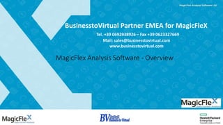 BusinesstoVirtual Partner EMEA for MagicFleX
Tel. +39 0692938926 – Fax +39 0623327669
Mail: sales@businesstovirtual.com
www.businesstovirtual.com
MagicFlex Analysis Software - Overview
 