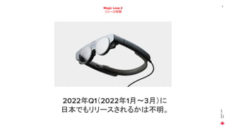 MAGIC
LEAP
2021
14
Magic Leap 2
リリース時期
2022年Q1（2022年1月～3月）に
日本でもリリースされるかは不明。
 
