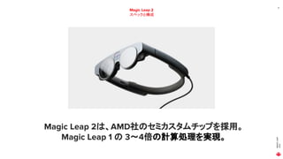 MAGIC
LEAP
2021
17
Magic Leap 2
スペックと構成
Magic Leap 2は、AMD社のセミカスタムチップを採用。
Magic Leap 1 の 3～4倍の計算処理を実現。
 