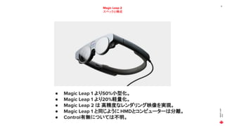 MAGIC
LEAP
2021
18
Magic Leap 2
スペックと構成
● Magic Leap 1 より50%小型化。
● Magic Leap 1 より20%軽量化。
● Magic Leap 2 は 高精度なレンダリング映像を実現。
● Magic Leap 1 と同じように HMDとコンピューターは分離。
● Control有無については不明。
 
