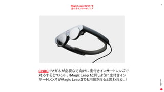 MAGIC
LEAP
2021
19
Magic Leap 2 について
度付きインサートレンズ
CNBCでメガネが必要な方向けに度付きインサートレンズで
対応するとコメント。（Magic Leap 1と同じように度付きイン
サートレンズがMagic Leap 2でも用意されると思われる。）
 