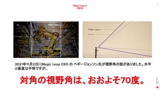 MAGIC
LEAP
2021
21
Magic Leap 2
視野角
2021年11月2日にMagic Leap CEO の ペギージョンソン氏が視野角の話がありました。水平
と垂直は不明ですが…
対角の視野角は、おおよそ70度。
 
