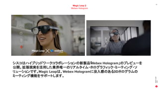 MAGIC
LEAP
2021
23
Magic Leap 2
Webex Hologram
シスコはハイブリッドワークコラボレーションの新製品「
Webex Hologram」のプレビューを
公開。拡張現実を活用した業界唯一のリアルタイム・ホログラフィック・ミーティング・ソ
リューションです。Magic Leapは、Webex Hologramに没入感のある3Dホログラムの
ミーティング機能をサポートします。
 
