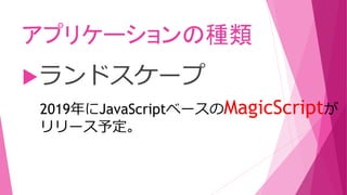 アプリケーションの種類
ランドスケープ
2019年にJavaScriptベースのMagicScriptが
リリース予定。
 