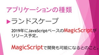 アプリケーションの種類
ランドスケープ
2019年にJavaScriptベースのMagicScriptが
リリース予定。
MagicScriptで開発も可能になるとのこと。
 