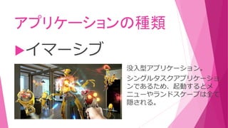 アプリケーションの種類
イマーシブ
没入型アプリケーション。
シングルタスクアプリケーショ
ンであるため、起動するとメ
ニューやランドスケープは全て
隠される。
 