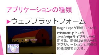 アプリケーションの種類
ウェブプラットフォーム
Magic Lepeが提供している
Prismatic.jsという
JavaScriptライブラリを使
用する。開発は従来のWEB
アプリケーションと同様の
開発環境で行える。
 