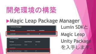 開発環境の構築
Magic Leap Package Manager
Lumin SDKと
Magic Leap
Unity Package
を入手します。
 