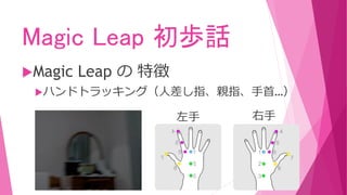 Magic Leap 初歩話
Magic Leap の 特徴
ハンドトラッキング（人差し指、親指、手首…）
左手 右手
 