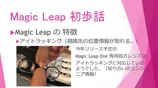 Magic Leap 初歩話
Magic Leap の 特徴
アイトラッキング（視線先の位置情報が取れる。）
今年リリース予定の
Magic Leap One 専用処方レンズは、
アイトラッキングに対応している
ようでした。（知り合いのエンジ
ニア情報）
 