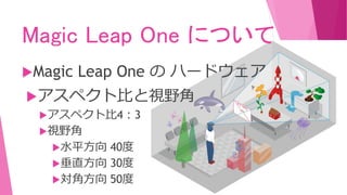 Magic Leap One について
Magic Leap One の ハードウェア
アスペクト比と視野角
アスペクト比4：3
視野角
水平方向 40度
垂直方向 30度
対角方向 50度
 