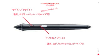 MAGICLEAP
2020
12
ワコムのペンタブレットについて
ボタンの説明
サイドスイッチ（下）
通常、左ダブルクリック（カスタマイズ可）
Wacom Pro Pen 2D
サイドスイッチ（上）
通常、右ボタンクリック（カスタマイズ可）
 