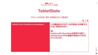 MAGICLEAP
2020
36
開発について
ワコムのペンタブレットの情報
TabletState
タブレットの状態に関する情報を含んだ構造体
ValidityCheck:TabletDeviceStateMask この構造体のどのデータが有効かを判断する
ために使用されます。
例：
AdditionalPenTouchDataを使用する前に、
ValidityCheckでその変数が有効かどうかを
チェックします。
4 / 4
 