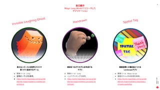 MAGICLEAP
2020
Spatial Tag
6
Place image here
現実空間に付箋を貼りつける
Landscapeアプリ
Place image here
Invisible Laughing Ghost
見えないゴーストを音声とライトで
見つけて退治するゲーム
● 開発ツール： Unity
● 空間オーディオを使用。
● https://world.magicleap.com/ja-jp/det
ails/net.magicmodelers.invisiblecryin
gcreature
Handrawn
Place image here
球体をつなげてモデルを作成する
アプリ
● 開発ツール： Unity
● ハンドトラッキングを使用。
● https://world.magicleap.com/ja-jp/det
ails/net.magicmodelers.concepts.ha
nddrawn
● 開発ツール： Magic Script
● 複数のPrism生成処理を実施。
● https://world.magicleap.com/ja-jp/det
ails/net.magicmodelers.magicleap.c
oncepts.spatialtag
自己紹介
Magic Leap World にリリースした
アプリケーション
 