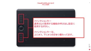 MAGICLEAP
2020
9
ワコムのペンタブレットについて
ボタンの説明
ファンクションキー
通常はよく使用する機能の呼び出し設定に
使用するボタン。
ファンクションキーは、
上に4つ、下に4つの計8つ備わってます。
 