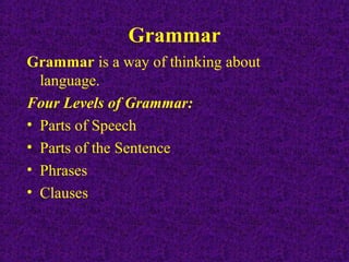 Grammar
Grammar is a way of thinking about
language.
Four Levels of Grammar:
• Parts of Speech
• Parts of the Sentence
• Phrases
• Clauses

 