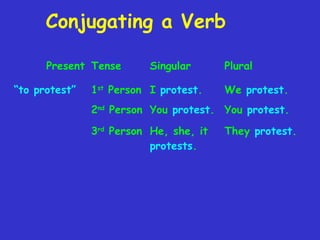 Conjugating a Verb
Present Tense
“to protest”

Singular

1st Person I protest.

Plural
We protest.

2nd Person You protest. You protest.
3rd Person He, she, it
protests.

They protest.

 