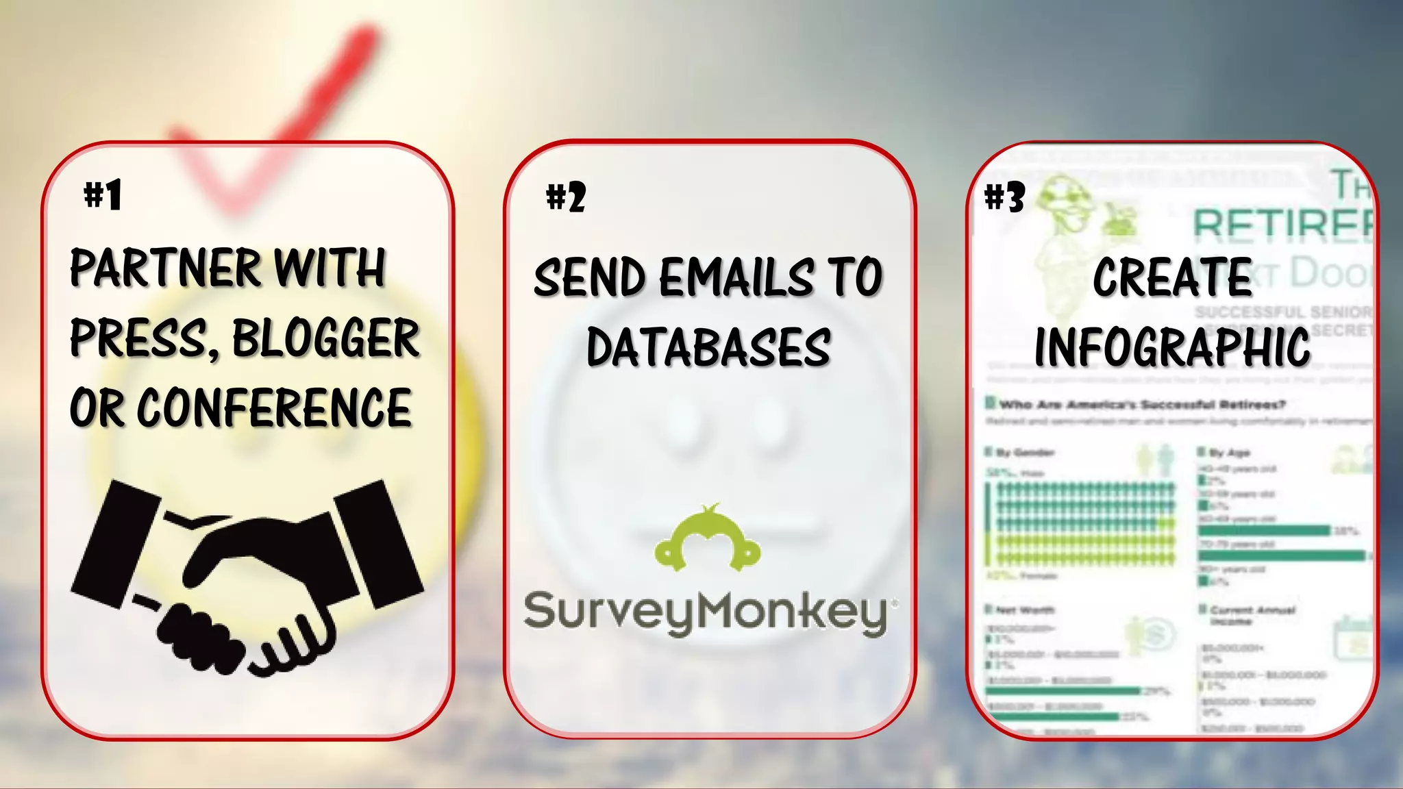 PARTNER WITH PRESS, BLOGGER OR CONFERENCE SEND EMAILS TO DATABASESCREATE INFOGRAPHIC 
#1 
#2 
#3  