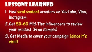 LESSONS LEARNED 
1.Find viral content creators on YouTube, Vine, Instagram 
2.Get 50-60Mid-Tier influencers to review your product (Free Sample) 
3.Get Media to cover your campaign (since it’s viral)  