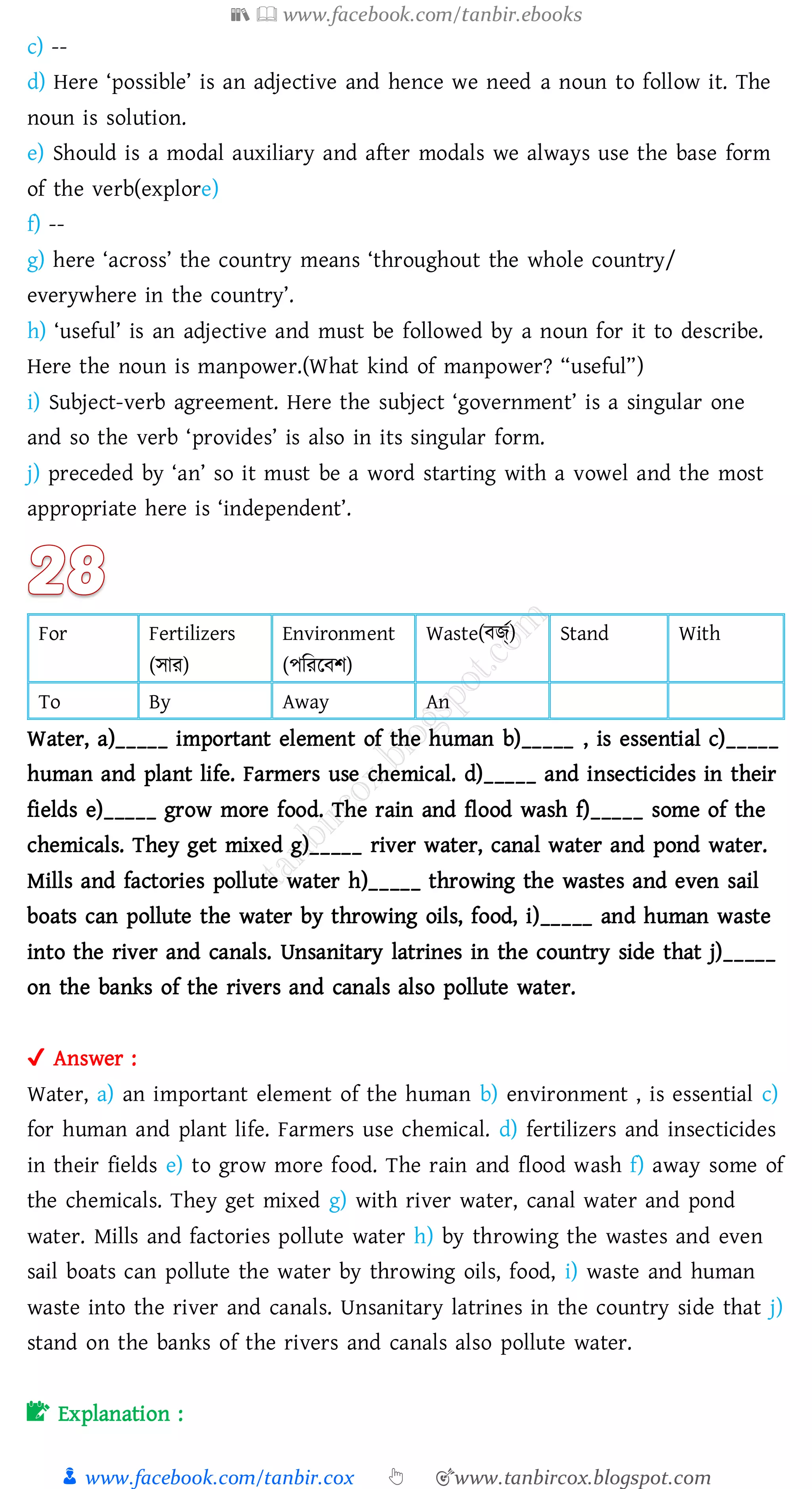 📚  www.facebook.com/tanbir.ebooks
👦 www.facebook.com/tanbir.cox 👆 🎯www.tanbircox.blogspot.com
c) --
d) Here ‘possible’ is an adjective and hence we need a noun to follow it. The
noun is solution.
e) Should is a modal auxiliary and after modals we always use the base form
of the verb(explore)
f) --
g) here ‘across’ the country means ‘throughout the whole country/
everywhere in the country’.
h) ‘useful’ is an adjective and must be followed by a noun for it to describe.
Here the noun is manpower.(What kind of manpower? “useful”)
i) Subject-verb agreement. Here the subject ‘government’ is a singular one
and so the verb ‘provides’ is also in its singular form.
j) preceded by ‘an’ so it must be a word starting with a vowel and the most
appropriate here is ‘independent’.
For Fertilizers
(সাে)
Environment
(পজেরবি)
Waste(বর্জত) Stand With
To By Away An
Water, a)_____ important element of the human b)_____ , is essential c)_____
human and plant life. Farmers use chemical. d)_____ and insecticides in their
fields e)_____ grow more food. The rain and flood wash f)_____ some of the
chemicals. They get mixed g)_____ river water, canal water and pond water.
Mills and factories pollute water h)_____ throwing the wastes and even sail
boats can pollute the water by throwing oils, food, i)_____ and human waste
into the river and canals. Unsanitary latrines in the country side that j)_____
on the banks of the rivers and canals also pollute water.
✔ Answer :
Water, a) an important element of the human b) environment , is essential c)
for human and plant life. Farmers use chemical. d) fertilizers and insecticides
in their fields e) to grow more food. The rain and flood wash f) away some of
the chemicals. They get mixed g) with river water, canal water and pond
water. Mills and factories pollute water h) by throwing the wastes and even
sail boats can pollute the water by throwing oils, food, i) waste and human
waste into the river and canals. Unsanitary latrines in the country side that j)
stand on the banks of the rivers and canals also pollute water.
📝 Explanation :
 