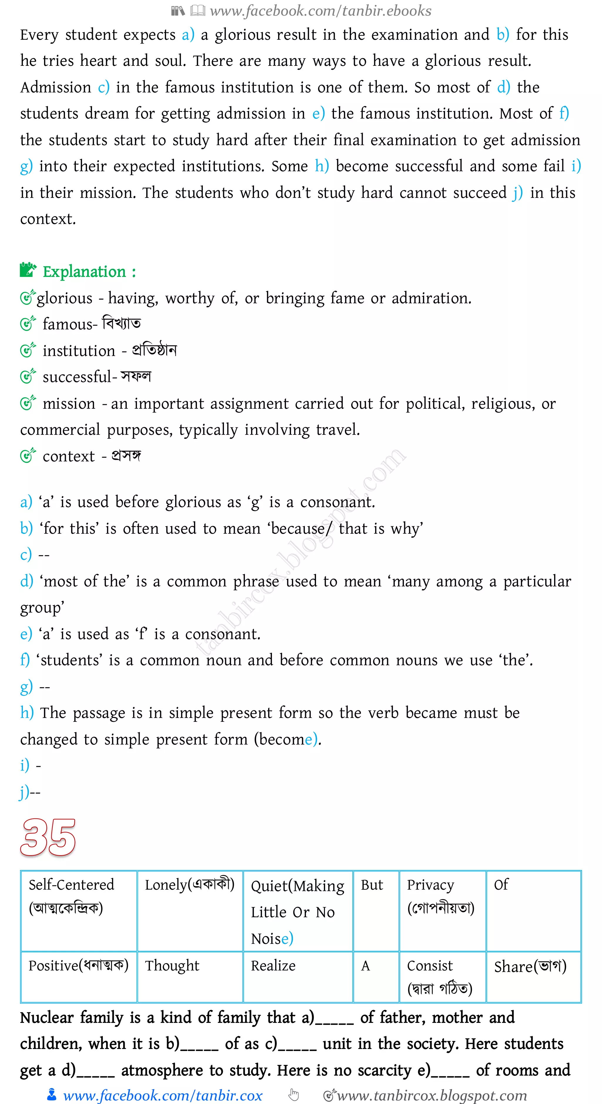 📚  www.facebook.com/tanbir.ebooks
👦 www.facebook.com/tanbir.cox 👆 🎯www.tanbircox.blogspot.com
Every student expects a) a glorious result in the examination and b) for this
he tries heart and soul. There are many ways to have a glorious result.
Admission c) in the famous institution is one of them. So most of d) the
students dream for getting admission in e) the famous institution. Most of f)
the students start to study hard after their final examination to get admission
g) into their expected institutions. Some h) become successful and some fail i)
in their mission. The students who don’t study hard cannot succeed j) in this
context.
📝 Explanation :
🎯glorious - having, worthy of, or bringing fame or admiration.
🎯 famous- জবখোে
🎯 institution - প্রজেষ্ঠান
🎯 successful- সফে
🎯 mission - an important assignment carried out for political, religious, or
commercial purposes, typically involving travel.
🎯 context - প্রসি
a) ‘a’ is used before glorious as ‘g’ is a consonant.
b) ‘for this’ is often used to mean ‘because/ that is why’
c) --
d) ‘most of the’ is a common phrase used to mean ‘many among a particular
group’
e) ‘a’ is used as ‘f’ is a consonant.
f) ‘students’ is a common noun and before common nouns we use ‘the’.
g) --
h) The passage is in simple present form so the verb became must be
changed to simple present form (become).
i) -
j)--
Self-Centered
(আত্মরকজন্দ্রক)
Lonely(একাকী) Quiet(Making
Little Or No
Noise)
But Privacy
(তোপনীয়ো)
Of
Positive(যনাত্মক) Thought Realize A Consist
(দ্বাো েজঠে)
Share(ভাে)
Nuclear family is a kind of family that a)_____ of father, mother and
children, when it is b)_____ of as c)_____ unit in the society. Here students
get a d)_____ atmosphere to study. Here is no scarcity e)_____ of rooms and
 