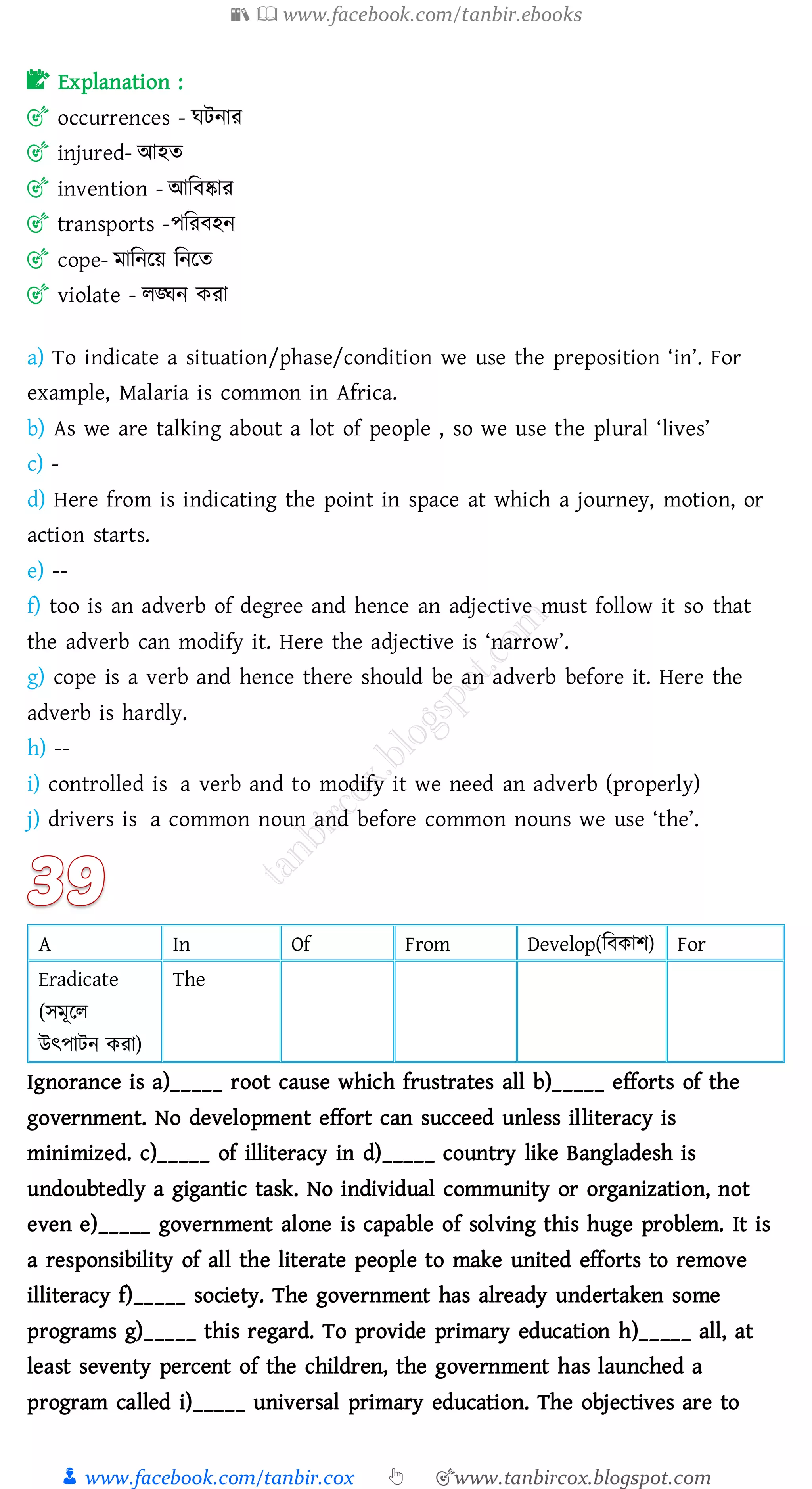 📚  www.facebook.com/tanbir.ebooks
👦 www.facebook.com/tanbir.cox 👆 🎯www.tanbircox.blogspot.com
📝 Explanation :
🎯 occurrences - ঘটনাে
🎯 injured- আহে
🎯 invention - আজবষ্কাে
🎯 transports -পজেবহন
🎯 cope- মাজনরয় জনরে
🎯 violate - েঙ্ঘন কো
a) To indicate a situation/phase/condition we use the preposition ‘in’. For
example, Malaria is common in Africa.
b) As we are talking about a lot of people , so we use the plural ‘lives’
c) -
d) Here from is indicating the point in space at which a journey, motion, or
action starts.
e) --
f) too is an adverb of degree and hence an adjective must follow it so that
the adverb can modify it. Here the adjective is ‘narrow’.
g) cope is a verb and hence there should be an adverb before it. Here the
adverb is hardly.
h) --
i) controlled is a verb and to modify it we need an adverb (properly)
j) drivers is a common noun and before common nouns we use ‘the’.
A In Of From Develop(জবকাি) For
Eradicate
(সমূরে
উৎপাটন কো)
The
Ignorance is a)_____ root cause which frustrates all b)_____ efforts of the
government. No development effort can succeed unless illiteracy is
minimized. c)_____ of illiteracy in d)_____ country like Bangladesh is
undoubtedly a gigantic task. No individual community or organization, not
even e)_____ government alone is capable of solving this huge problem. It is
a responsibility of all the literate people to make united efforts to remove
illiteracy f)_____ society. The government has already undertaken some
programs g)_____ this regard. To provide primary education h)_____ all, at
least seventy percent of the children, the government has launched a
program called i)_____ universal primary education. The objectives are to
 