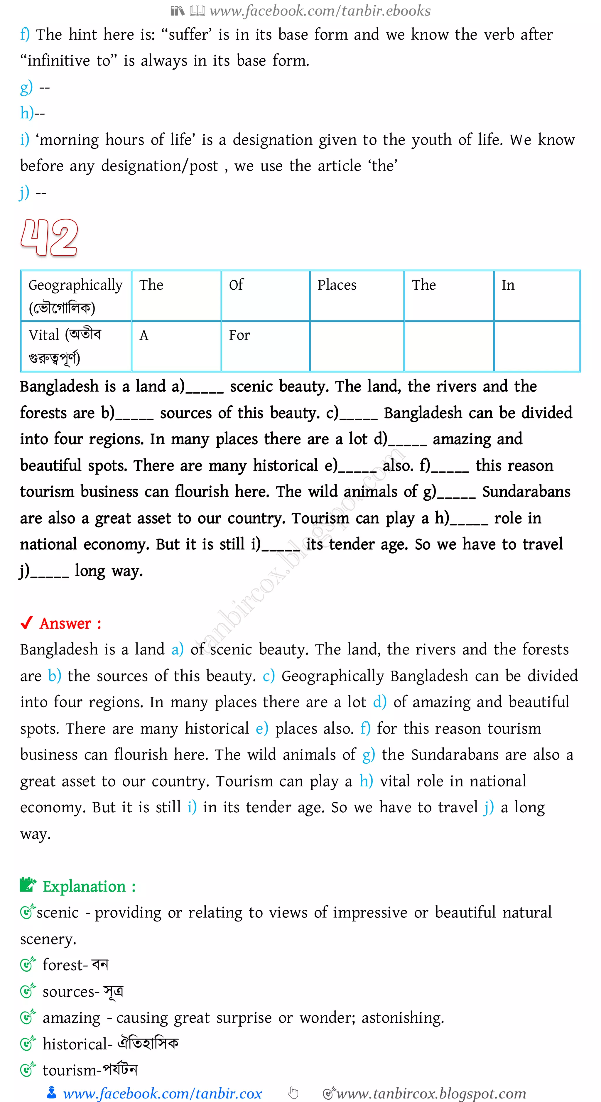 📚  www.facebook.com/tanbir.ebooks
👦 www.facebook.com/tanbir.cox 👆 🎯www.tanbircox.blogspot.com
f) The hint here is: “suffer’ is in its base form and we know the verb after
“infinitive to” is always in its base form.
g) --
h)--
i) ‘morning hours of life’ is a designation given to the youth of life. We know
before any designation/post , we use the article ‘the’
j) --
Geographically
(তভৌরোজেক)
The Of Places The In
Vital (অেীব
গুরুত্বপূণত)
A For
Bangladesh is a land a)_____ scenic beauty. The land, the rivers and the
forests are b)_____ sources of this beauty. c)_____ Bangladesh can be divided
into four regions. In many places there are a lot d)_____ amazing and
beautiful spots. There are many historical e)_____ also. f)_____ this reason
tourism business can flourish here. The wild animals of g)_____ Sundarabans
are also a great asset to our country. Tourism can play a h)_____ role in
national economy. But it is still i)_____ its tender age. So we have to travel
j)_____ long way.
✔ Answer :
Bangladesh is a land a) of scenic beauty. The land, the rivers and the forests
are b) the sources of this beauty. c) Geographically Bangladesh can be divided
into four regions. In many places there are a lot d) of amazing and beautiful
spots. There are many historical e) places also. f) for this reason tourism
business can flourish here. The wild animals of g) the Sundarabans are also a
great asset to our country. Tourism can play a h) vital role in national
economy. But it is still i) in its tender age. So we have to travel j) a long
way.
📝 Explanation :
🎯scenic - providing or relating to views of impressive or beautiful natural
scenery.
🎯 forest- বন
🎯 sources- সূত্র
🎯 amazing - causing great surprise or wonder; astonishing.
🎯 historical- ঐজেহাজসক
🎯 tourism-পযতটন
 