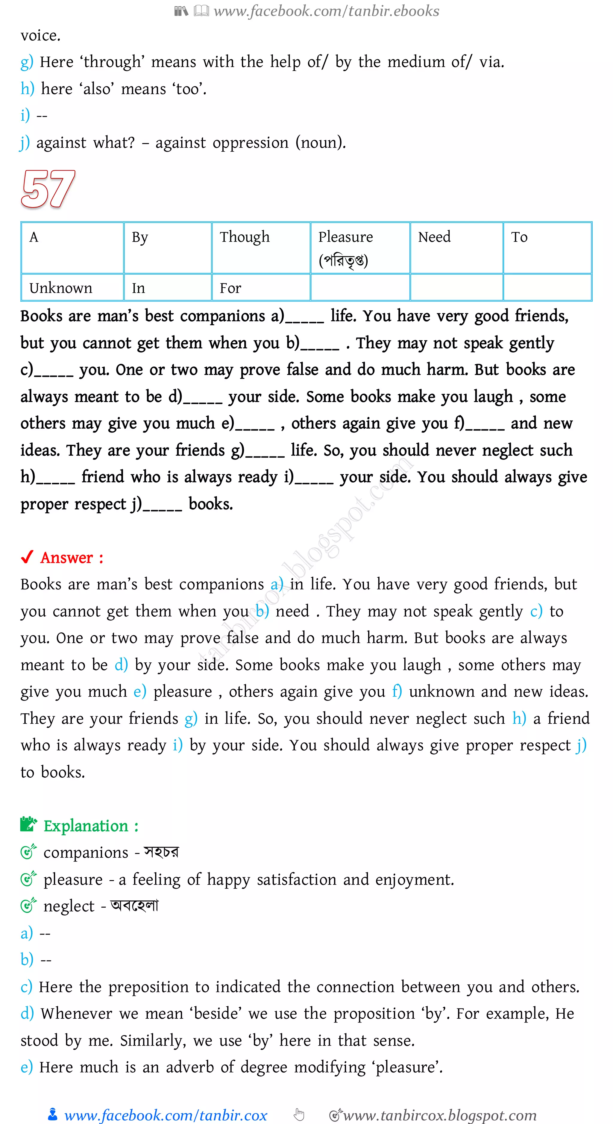 📚  www.facebook.com/tanbir.ebooks
👦 www.facebook.com/tanbir.cox 👆 🎯www.tanbircox.blogspot.com
voice.
g) Here ‘through’ means with the help of/ by the medium of/ via.
h) here ‘also’ means ‘too’.
i) --
j) against what? – against oppression (noun).
A By Though Pleasure
(পজেেৃি)
Need To
Unknown In For
Books are man’s best companions a)_____ life. You have very good friends,
but you cannot get them when you b)_____ . They may not speak gently
c)_____ you. One or two may prove false and do much harm. But books are
always meant to be d)_____ your side. Some books make you laugh , some
others may give you much e)_____ , others again give you f)_____ and new
ideas. They are your friends g)_____ life. So, you should never neglect such
h)_____ friend who is always ready i)_____ your side. You should always give
proper respect j)_____ books.
✔ Answer :
Books are man’s best companions a) in life. You have very good friends, but
you cannot get them when you b) need . They may not speak gently c) to
you. One or two may prove false and do much harm. But books are always
meant to be d) by your side. Some books make you laugh , some others may
give you much e) pleasure , others again give you f) unknown and new ideas.
They are your friends g) in life. So, you should never neglect such h) a friend
who is always ready i) by your side. You should always give proper respect j)
to books.
📝 Explanation :
🎯 companions - সহেে
🎯 pleasure - a feeling of happy satisfaction and enjoyment.
🎯 neglect - অবরহো
a) --
b) --
c) Here the preposition to indicated the connection between you and others.
d) Whenever we mean ‘beside’ we use the proposition ‘by’. For example, He
stood by me. Similarly, we use ‘by’ here in that sense.
e) Here much is an adverb of degree modifying ‘pleasure’.
 