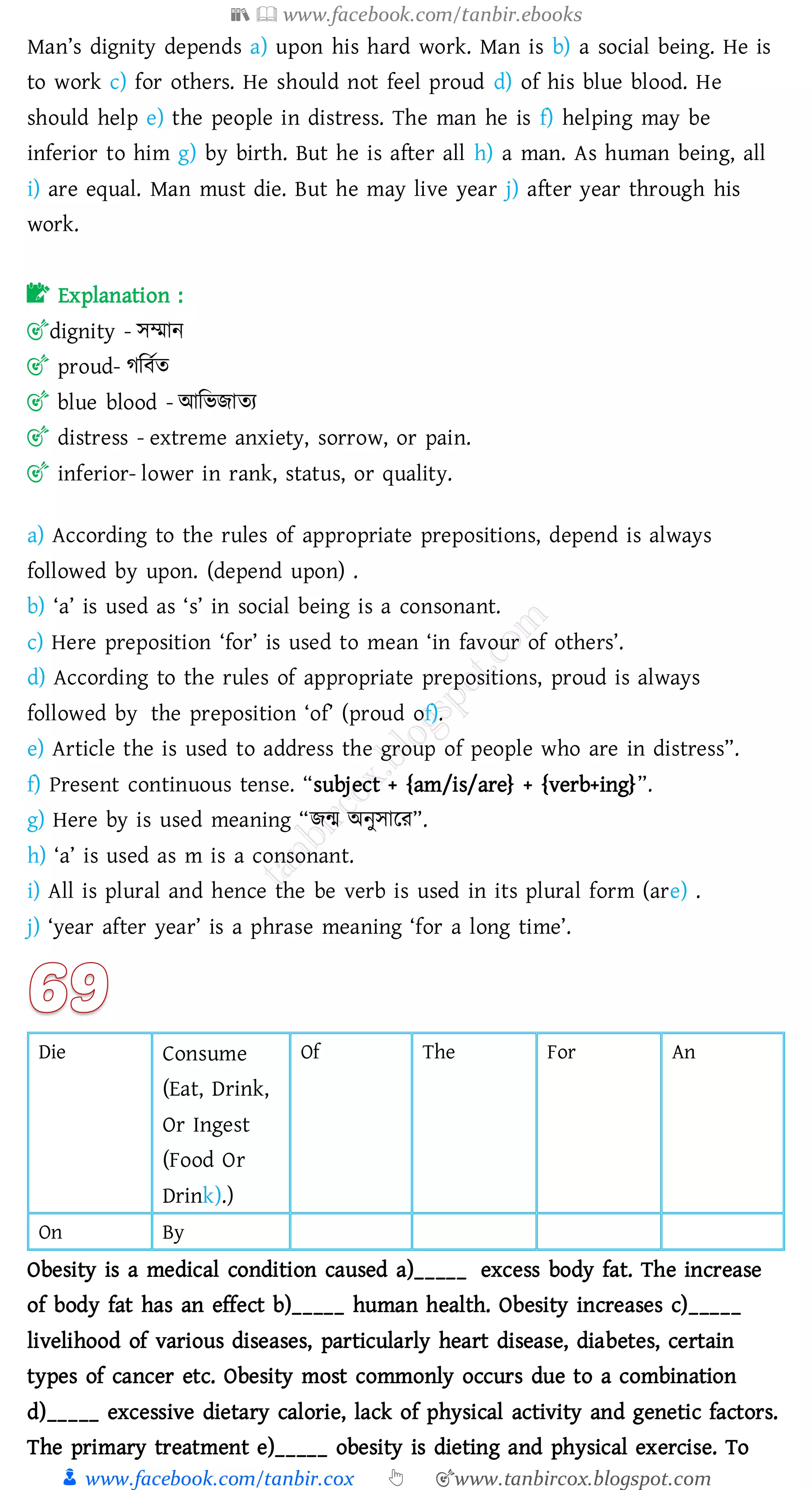 📚  www.facebook.com/tanbir.ebooks
👦 www.facebook.com/tanbir.cox 👆 🎯www.tanbircox.blogspot.com
Man’s dignity depends a) upon his hard work. Man is b) a social being. He is
to work c) for others. He should not feel proud d) of his blue blood. He
should help e) the people in distress. The man he is f) helping may be
inferior to him g) by birth. But he is after all h) a man. As human being, all
i) are equal. Man must die. But he may live year j) after year through his
work.
📝 Explanation :
🎯dignity - সম্মান
🎯 proud- েজবতে
🎯 blue blood - আজভিােে
🎯 distress - extreme anxiety, sorrow, or pain.
🎯 inferior- lower in rank, status, or quality.
a) According to the rules of appropriate prepositions, depend is always
followed by upon. (depend upon) .
b) ‘a’ is used as ‘s’ in social being is a consonant.
c) Here preposition ‘for’ is used to mean ‘in favour of others’.
d) According to the rules of appropriate prepositions, proud is always
followed by the preposition ‘of’ (proud of).
e) Article the is used to address the group of people who are in distress”.
f) Present continuous tense. “subject + {am/is/are} + {verb+ing}”.
g) Here by is used meaning “িন্ম অনুসারে”.
h) ‘a’ is used as m is a consonant.
i) All is plural and hence the be verb is used in its plural form (are) .
j) ‘year after year’ is a phrase meaning ‘for a long time’.
Die Consume
(Eat, Drink,
Or Ingest
(Food Or
Drink).)
Of The For An
On By
Obesity is a medical condition caused a)_____ excess body fat. The increase
of body fat has an effect b)_____ human health. Obesity increases c)_____
livelihood of various diseases, particularly heart disease, diabetes, certain
types of cancer etc. Obesity most commonly occurs due to a combination
d)_____ excessive dietary calorie, lack of physical activity and genetic factors.
The primary treatment e)_____ obesity is dieting and physical exercise. To
 