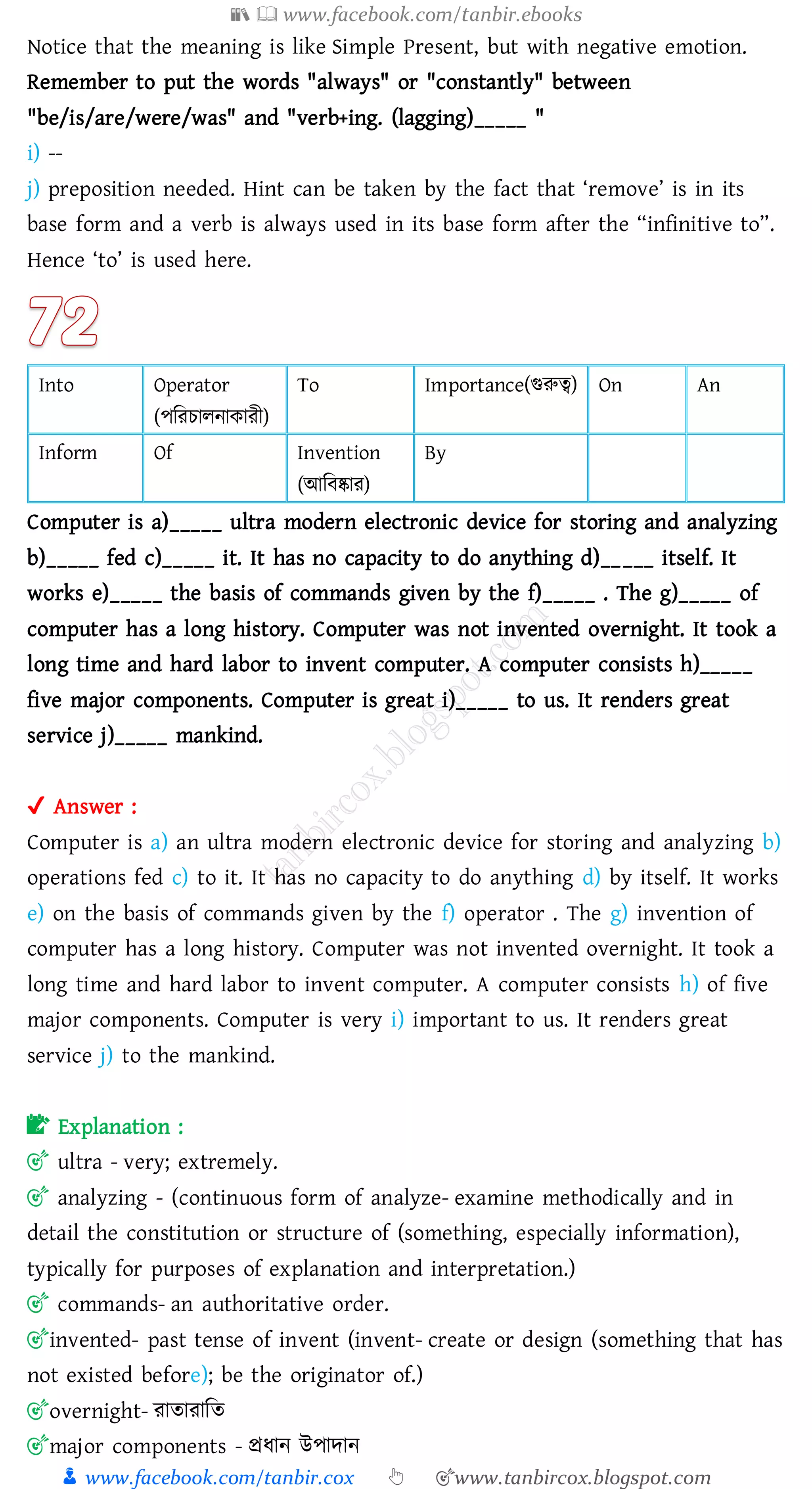 📚  www.facebook.com/tanbir.ebooks
👦 www.facebook.com/tanbir.cox 👆 🎯www.tanbircox.blogspot.com
Notice that the meaning is like Simple Present, but with negative emotion.
Remember to put the words "always" or "constantly" between
"be/is/are/were/was" and "verb+ing. (lagging)_____ "
i) --
j) preposition needed. Hint can be taken by the fact that ‘remove’ is in its
base form and a verb is always used in its base form after the “infinitive to”.
Hence ‘to’ is used here.
Into Operator
(পজেোেনাকােী)
To Importance(গুরুত্ব) On An
Inform Of Invention
(আজবষ্কাে)
By
Computer is a)_____ ultra modern electronic device for storing and analyzing
b)_____ fed c)_____ it. It has no capacity to do anything d)_____ itself. It
works e)_____ the basis of commands given by the f)_____ . The g)_____ of
computer has a long history. Computer was not invented overnight. It took a
long time and hard labor to invent computer. A computer consists h)_____
five major components. Computer is great i)_____ to us. It renders great
service j)_____ mankind.
✔ Answer :
Computer is a) an ultra modern electronic device for storing and analyzing b)
operations fed c) to it. It has no capacity to do anything d) by itself. It works
e) on the basis of commands given by the f) operator . The g) invention of
computer has a long history. Computer was not invented overnight. It took a
long time and hard labor to invent computer. A computer consists h) of five
major components. Computer is very i) important to us. It renders great
service j) to the mankind.
📝 Explanation :
🎯 ultra - very; extremely.
🎯 analyzing - (continuous form of analyze- examine methodically and in
detail the constitution or structure of (something, especially information),
typically for purposes of explanation and interpretation.)
🎯 commands- an authoritative order.
🎯invented- past tense of invent (invent- create or design (something that has
not existed before); be the originator of.)
🎯overnight- োোোজে
🎯major components - প্রযান উপাদান
 