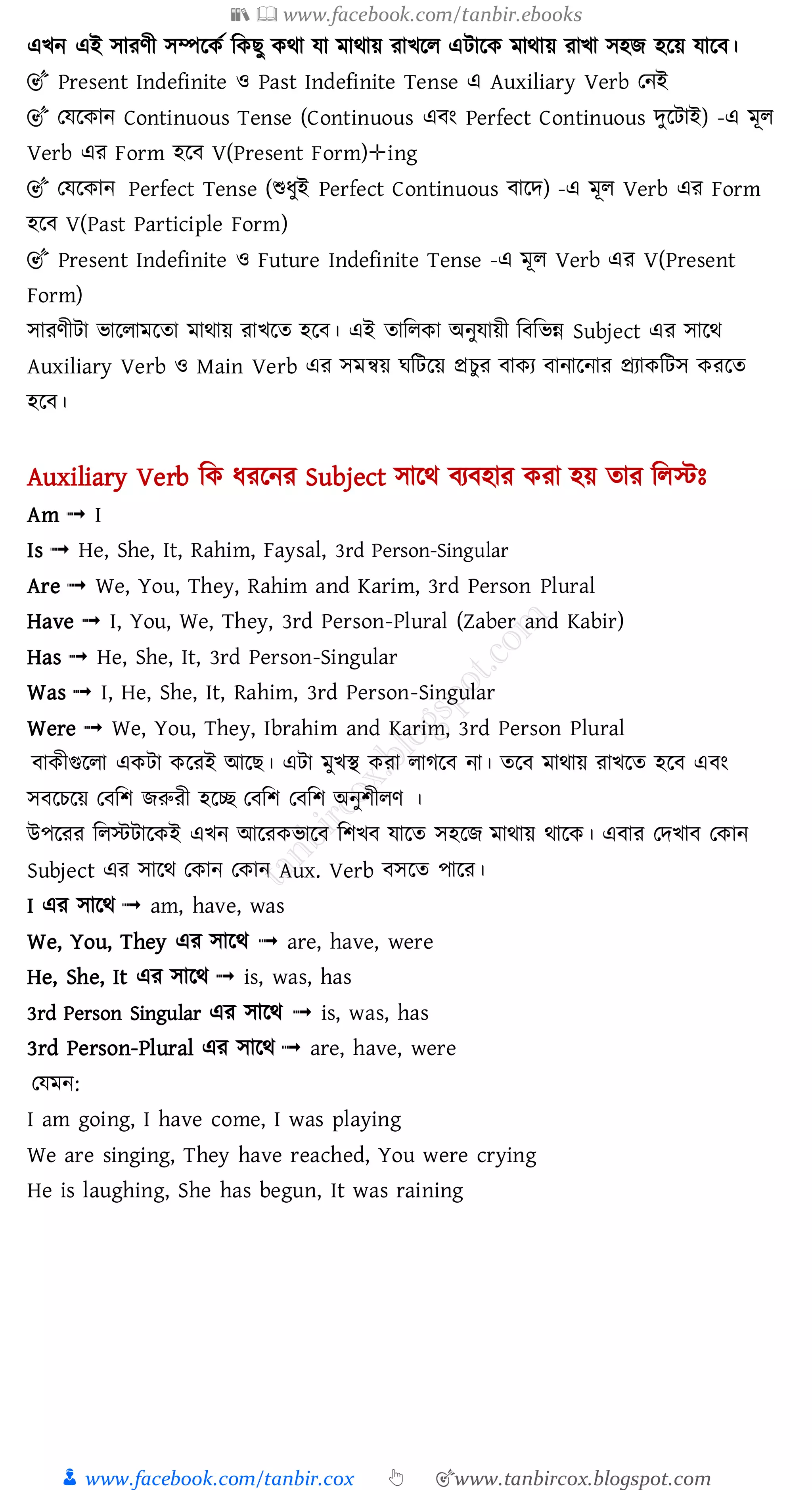 📚  www.facebook.com/tanbir.ebooks
👦 www.facebook.com/tanbir.cox 👆 🎯www.tanbircox.blogspot.com
এখন এই সােণী সম্পরকত জকিু কথা যা মাথায় োখরে এটারক মাথায় োখা সহি হরয় যারব।
🎯 Present Indefinite ও Past Indefinite Tense এ Auxiliary Verb তনই
🎯 তযরকান Continuous Tense (Continuous এবং Perfect Continuous দুরটাই) -এ মূে
Verb এে Form হরব V(Present Form)✛ing
🎯 তযরকান Perfect Tense (শুযুই Perfect Continuous বারদ) -এ মূে Verb এে Form
হরব V(Past Participle Form)
🎯 Present Indefinite ও Future Indefinite Tense -এ মূে Verb এে V(Present
Form)
সােণীটা ভারোমরো মাথায় োখরে হরব। এই োজেকা অনুযায়ী জবজভন্ন Subject এে সারথ
Auxiliary Verb ও Main Verb এে সমন্বয় ঘজটরয় প্রেুে বাকে বানারনাে প্রোকজটস কেরে
হরব।
Auxiliary Verb জক যেরনে Subject সারথ বেবহাে কো হয় োে জেস্টঃ
Am ➟ I
Is ➟ He, She, It, Rahim, Faysal, 3rd Person-Singular
Are ➟ We, You, They, Rahim and Karim, 3rd Person Plural
Have ➟ I, You, We, They, 3rd Person-Plural (Zaber and Kabir)
Has ➟ He, She, It, 3rd Person-Singular
Was ➟ I, He, She, It, Rahim, 3rd Person-Singular
Were ➟ We, You, They, Ibrahim and Karim, 3rd Person Plural
বাকীগুরো একটা করেই আরি। এটা মুখস্থ কো োেরব না। েরব মাথায় োখরে হরব এবং
সবরেরয় তবজি িরুেী হরচ্ছ তবজি তবজি অনুিীেণ ।
উপরেে জেস্টটারকই এখন আরেকভারব জিখব যারে সহরি মাথায় থারক। এবাে তদখাব তকান
Subject এে সারথ তকান তকান Aux. Verb বসরে পারে।
I এে সারথ ➟ am, have, was
We, You, They এে সারথ ➟ are, have, were
He, She, It এে সারথ ➟ is, was, has
3rd Person Singular এে সারথ ➟ is, was, has
3rd Person-Plural এে সারথ ➟ are, have, were
তযমন:
I am going, I have come, I was playing
We are singing, They have reached, You were crying
He is laughing, She has begun, It was raining
 