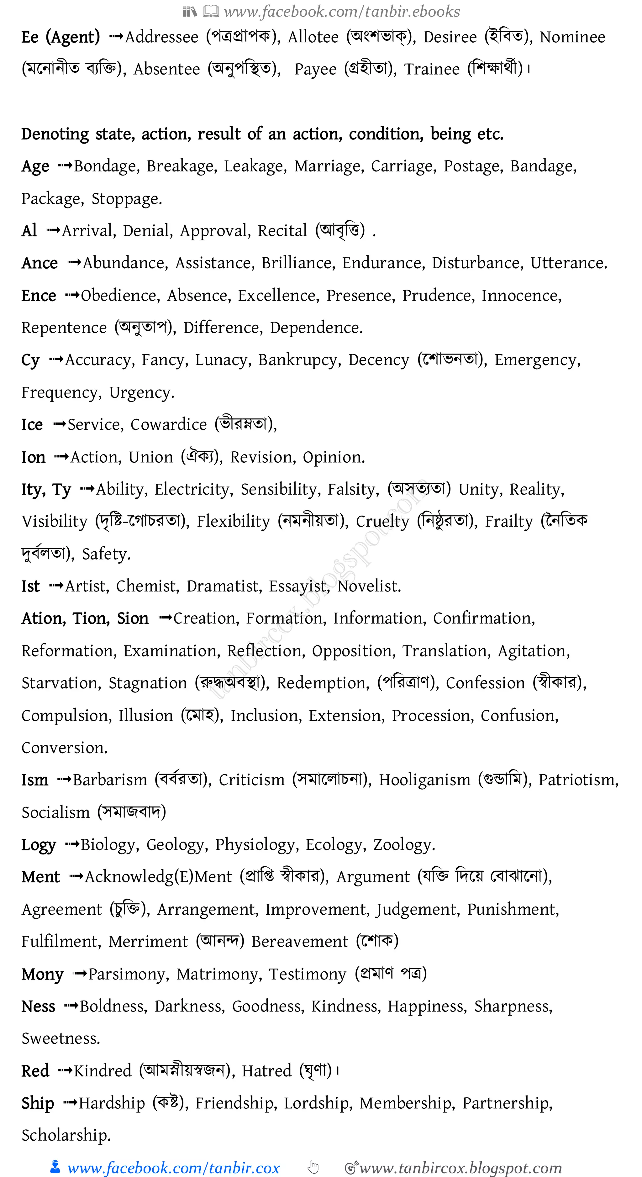 📚  www.facebook.com/tanbir.ebooks
👦 www.facebook.com/tanbir.cox 👆 🎯www.tanbircox.blogspot.com
Ee (Agent) ➟Addressee (পত্রপ্রাপক), Allotee (অংশিাক্), Desiree (ইম ত), Nominee
(মলনানীত যমি), Absentee (অনুপমিত), Payee (গ্রহীতা), Trainee (মশক্ষার্তী)।
Denoting state, action, result of an action, condition, being etc.
Age ➟Bondage, Breakage, Leakage, Marriage, Carriage, Postage, Bandage,
Package, Stoppage.
Al ➟Arrival, Denial, Approval, Recital (আ ৃমি) .
Ance ➟Abundance, Assistance, Brilliance, Endurance, Disturbance, Utterance.
Ence ➟Obedience, Absence, Excellence, Presence, Prudence, Innocence,
Repentence (অনুতাপ), Difference, Dependence.
Cy ➟Accuracy, Fancy, Lunacy, Bankrupcy, Decency (লশািনতা), Emergency,
Frequency, Urgency.
Ice ➟Service, Cowardice (িীরম্নতা),
Ion ➟Action, Union (ঐকয), Revision, Opinion.
Ity, Ty ➟Ability, Electricity, Sensibility, Falsity, (অেতযতা) Unity, Reality,
Visibility (েৃমি-লগাচরতা), Flexibility (নমনীয়তা), Cruelty (মনষ্ঠু রতা), Frailty (ননমতক
েু তলতা), Safety.
Ist ➟Artist, Chemist, Dramatist, Essayist, Novelist.
Ation, Tion, Sion ➟Creation, Formation, Information, Confirmation,
Reformation, Examination, Reflection, Opposition, Translation, Agitation,
Starvation, Stagnation (রুদ্ধঅ িা), Redemption, (পমরত্রাণ), Confession (স্বীকার),
Compulsion, Illusion (লমাহ), Inclusion, Extension, Procession, Confusion,
Conversion.
Ism ➟Barbarism ( তরতা), Criticism (েমাললাচনা), Hooliganism (গুন্ডামম), Patriotism,
Socialism (েমাে াে)
Logy ➟Biology, Geology, Physiology, Ecology, Zoology.
Ment ➟Acknowledg(E)Ment (প্রামি স্বীকার), Argument (েমি মেলয় ত াঝালনা),
Agreement (চুমি), Arrangement, Improvement, Judgement, Punishment,
Fulfilment, Merriment (আনন্দ) Bereavement (লশাক)
Mony ➟Parsimony, Matrimony, Testimony (প্রমাণ পত্র)
Ness ➟Boldness, Darkness, Goodness, Kindness, Happiness, Sharpness,
Sweetness.
Red ➟Kindred (আমস্নীয়স্বেন), Hatred (ঘৃণা)।
Ship ➟Hardship (কি), Friendship, Lordship, Membership, Partnership,
Scholarship.
 