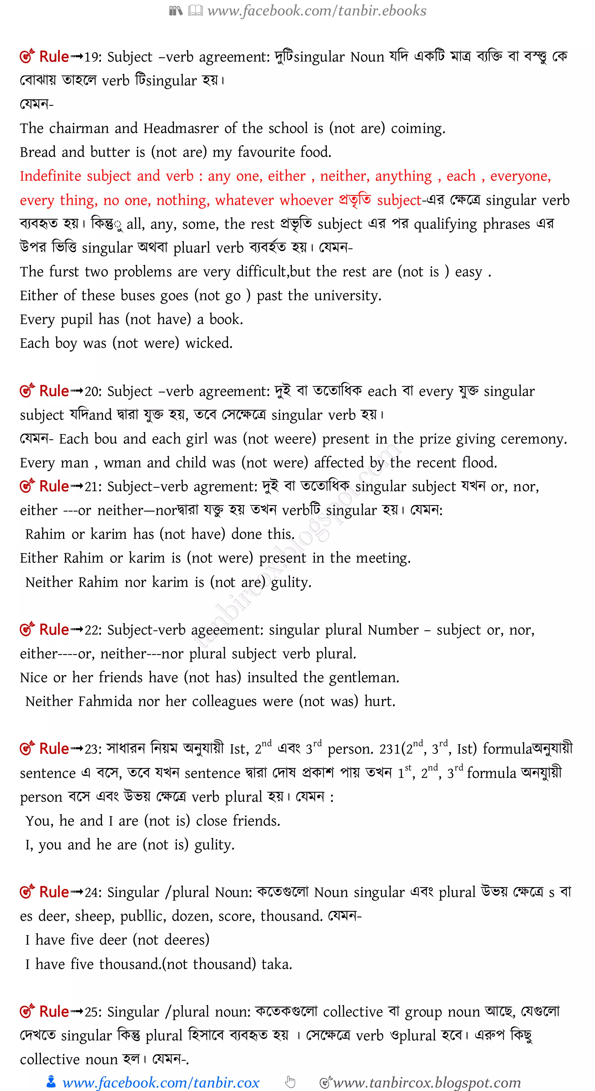 📚  www.facebook.com/tanbir.ebooks
👦 www.facebook.com/tanbir.cox 👆 🎯www.tanbircox.blogspot.com
🎯 Rule➟19: Subject –verb agreement: েুমিsingular Noun েমে একমি মাত্র যমি া স্ত্িু তক
ত াঝায় তাহলল verb মিsingular হয়।
তেমন-
The chairman and Headmasrer of the school is (not are) coiming.
Bread and butter is (not are) my favourite food.
Indefinite subject and verb : any one, either , neither, anything , each , everyone,
every thing, no one, nothing, whatever whoever প্রতৃমত subject-এর তক্ষলত্র singular verb
য হৃত হয়। মকন্তুঃু all, any, some, the rest প্রিৃ মত subject এর পর qualifying phrases এর
উপর মিমি singular অর্ া pluarl verb য হতত হয়। তেমন-
The furst two problems are very difficult,but the rest are (not is ) easy .
Either of these buses goes (not go ) past the university.
Every pupil has (not have) a book.
Each boy was (not were) wicked.
🎯 Rule➟20: Subject –verb agreement: েুই া তলতামধক each া every েুি singular
subject েমেand িারা েুি হয়, তল তেলক্ষলত্র singular verb হয়।
তেমন- Each bou and each girl was (not weere) present in the prize giving ceremony.
Every man , wman and child was (not were) affected by the recent flood.
🎯 Rule➟21: Subject–verb agrement: েুই া তলতামধক singular subject েিন or, nor,
either ---or neither—norিারা েিু হয় তিন verbমি singular হয়। তেমন:
Rahim or karim has (not have) done this.
Either Rahim or karim is (not were) present in the meeting.
Neither Rahim nor karim is (not are) gulity.
🎯 Rule➟22: Subject-verb ageeement: singular plural Number – subject or, nor,
either----or, neither---nor plural subject verb plural.
Nice or her friends have (not has) insulted the gentleman.
Neither Fahmida nor her colleagues were (not was) hurt.
🎯 Rule➟23: োধারন মনয়ম অনুোয়ী Ist, 2nd
এ ং 3rd
person. 231(2nd
, 3rd
, Ist) formulaঅনুোয়ী
sentence এ লে, তল েিন sentence িারা তোষ প্রকাশ পায় তিন 1st
, 2nd
, 3rd
formula অনেুায়ী
person লে এ ং উিয় তক্ষলত্র verb plural হয়। তেমন :
You, he and I are (not is) close friends.
I, you and he are (not is) gulity.
🎯 Rule➟24: Singular /plural Noun: কলতগুললা Noun singular এ ং plural উিয় তক্ষলত্র s া
es deer, sheep, publlic, dozen, score, thousand. তেমন-
I have five deer (not deeres)
I have five thousand.(not thousand) taka.
🎯 Rule➟25: Singular /plural noun: কলতকগুললা collective া group noun আল , তেগুললা
তেিলত singular মকন্তু plural মহোল য হৃত হয় । তেলক্ষলত্র verb ওplural হল । এরুপ মক ু
collective noun হল। তেমন-.
 