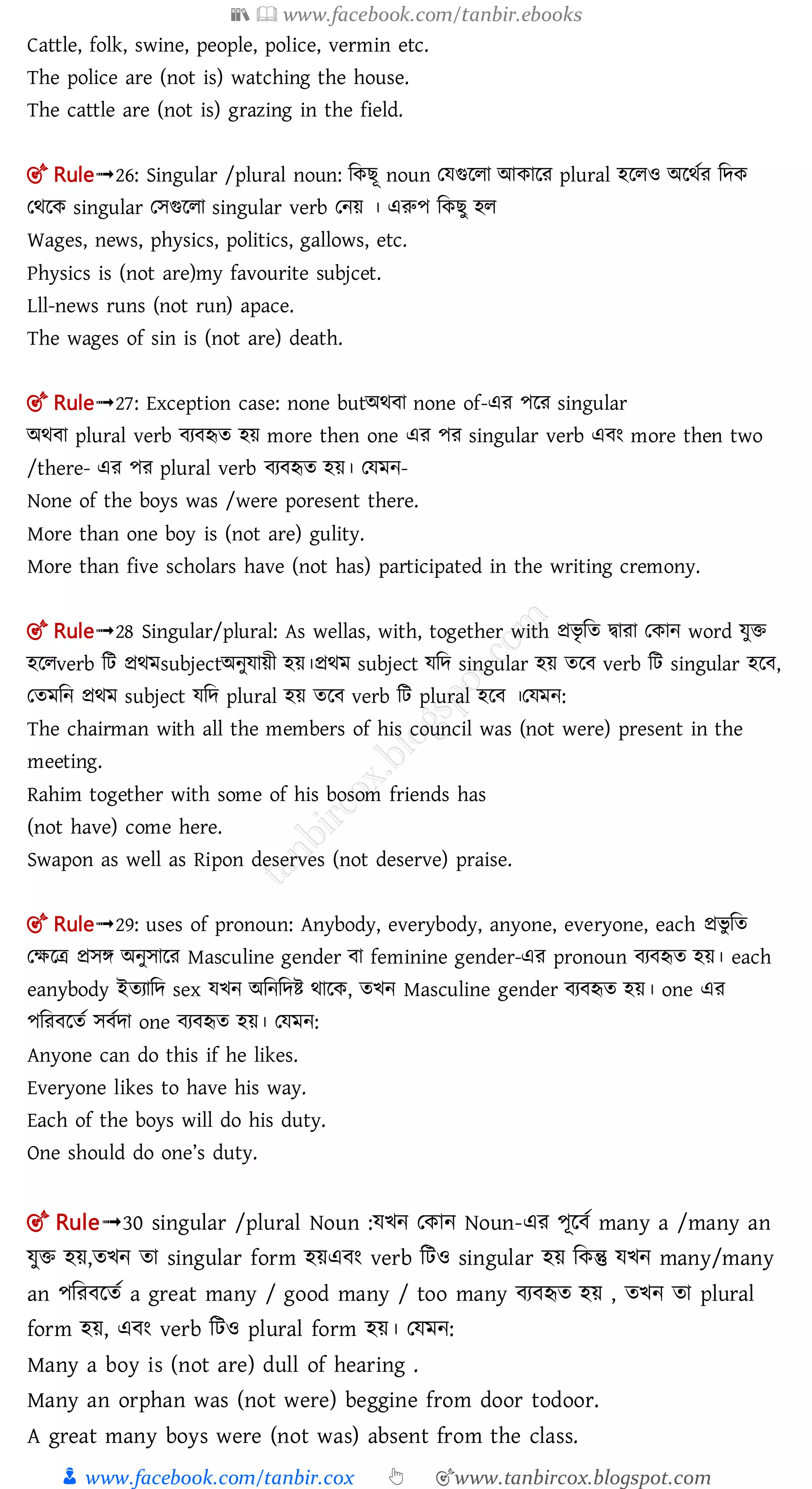 📚  www.facebook.com/tanbir.ebooks
👦 www.facebook.com/tanbir.cox 👆 🎯www.tanbircox.blogspot.com
Cattle, folk, swine, people, police, vermin etc.
The police are (not is) watching the house.
The cattle are (not is) grazing in the field.
🎯 Rule➟26: Singular /plural noun: মক ূ noun তেগুললা আকালর plural হললও অলর্তর মেক
তর্লক singular তেগুললা singular verb তনয় । এরুপ মক ু হল
Wages, news, physics, politics, gallows, etc.
Physics is (not are)my favourite subjcet.
Lll-news runs (not run) apace.
The wages of sin is (not are) death.
🎯 Rule➟27: Exception case: none butঅর্ া none of-এর পলর singular
অর্ া plural verb য হৃত হয় more then one এর পর singular verb এ ং more then two
/there- এর পর plural verb য হৃত হয়। তেমন-
None of the boys was /were poresent there.
More than one boy is (not are) gulity.
More than five scholars have (not has) participated in the writing cremony.
🎯 Rule➟28 Singular/plural: As wellas, with, together with প্রিৃ মত িারা তকান word েুি
হললverb মি প্রর্মsubjectঅনুোয়ী হয়।প্রর্ম subject েমে singular হয় তল verb মি singular হল ,
ততমমন প্রর্ম subject েমে plural হয় তল verb মি plural হল ।তেমন:
The chairman with all the members of his council was (not were) present in the
meeting.
Rahim together with some of his bosom friends has
(not have) come here.
Swapon as well as Ripon deserves (not deserve) praise.
🎯 Rule➟29: uses of pronoun: Anybody, everybody, anyone, everyone, each প্রিু মত
তক্ষলত্র প্রেে অনুোলর Masculine gender া feminine gender-এর pronoun য হৃত হয়। each
eanybody ইতযামে sex েিন অমনমেি র্ালক, তিন Masculine gender য হৃত হয়। one এর
পমর লতত ে তো one য হৃত হয়। তেমন:
Anyone can do this if he likes.
Everyone likes to have his way.
Each of the boys will do his duty.
One should do one’s duty.
🎯 Rule➟30 singular /plural Noun :েিন তকান Noun-এর পূল ত many a /many an
েুি হয়,তিন তা singular form হয়এ ং verb মিও singular হয় মকন্তু েিন many/many
an পমর লতত a great many / good many / too many য হৃত হয় , তিন তা plural
form হয়, এ ং verb মিও plural form হয়। তেমন:
Many a boy is (not are) dull of hearing .
Many an orphan was (not were) beggine from door todoor.
A great many boys were (not was) absent from the class.
 