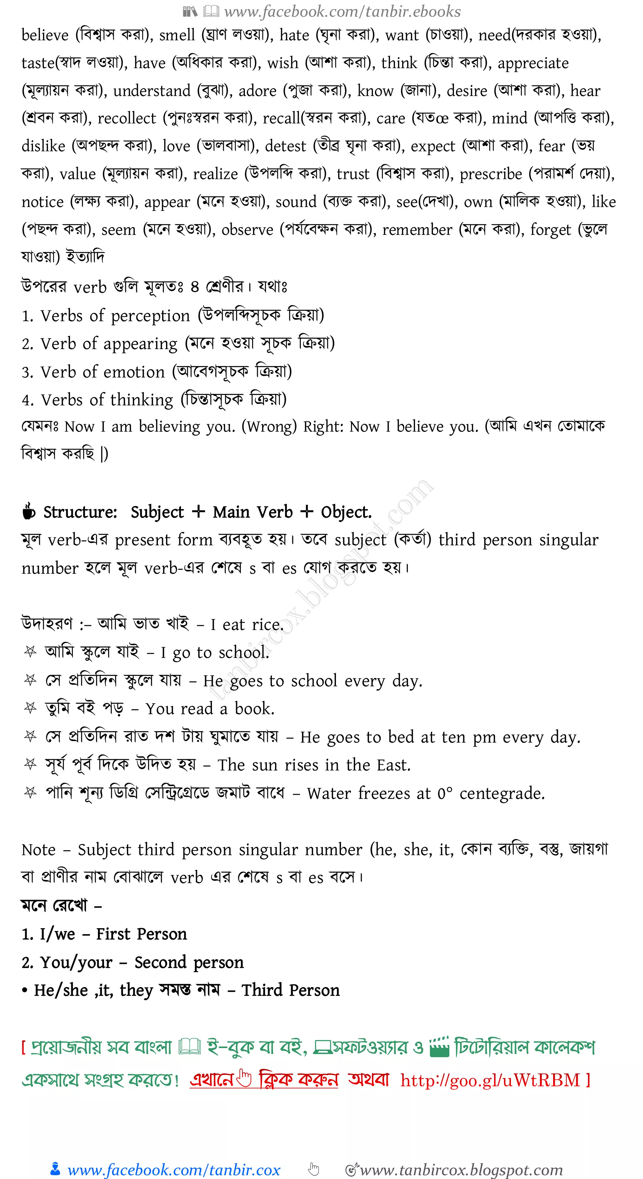 📚  www.facebook.com/tanbir.ebooks
👦 www.facebook.com/tanbir.cox 👆 🎯www.tanbircox.blogspot.com
believe (জবশ্বাস কো), smell (ঘ্রাণ েওয়া), hate (ঘৃনা কো), want (োওয়া), need(দেকাে হওয়া),
taste(স্বাদ েওয়া), have (অজযকাে কো), wish (আিা কো), think (জেন্তা কো), appreciate
(মূেোয়ন কো), understand (বুঝা), adore (পুিা কো), know (িানা), desire (আিা কো), hear
(শ্রবন কো), recollect (পুনঃস্বেন কো), recall(স্বেন কো), care (যেœ কো), mind (আপজত্ত কো),
dislike (অপিন্দ কো), love (ভােবাসা), detest (েীব্র ঘৃনা কো), expect (আিা কো), fear (ভয়
কো), value (মূেোয়ন কো), realize (উপেজব্দ কো), trust (জবশ্বাস কো), prescribe (পোমিত তদয়া),
notice (েক্ষে কো), appear (মরন হওয়া), sound (বেি কো), see(তদখা), own (মাজেক হওয়া), like
(পিন্দ কো), seem (মরন হওয়া), observe (পযতরবক্ষন কো), remember (মরন কো), forget (ভু রে
যাওয়া) ইেোজদ
উপরেে verb গুজে মূেেঃ ৪ তশ্রণীে। যথাঃ
1. Verbs of perception (উপেজব্দসূেক জিয়া)
2. Verb of appearing (মরন হওয়া সূেক জিয়া)
3. Verb of emotion (আরবেসূেক জিয়া)
4. Verbs of thinking (জেন্তাসূেক জিয়া)
তযমনঃ Now I am believing you. (Wrong) Right: Now I believe you. (আজম এখন তোমারক
জবশ্বাস কেজি |)
☕ Structure: Subject ✛ Main Verb ✛ Object.
মূে verb-এে present form বেবহূে হয়। েরব subject (কেতা) third person singular
number হরে মূে verb-এে তিরষ্ s বা es তযাে কেরে হয়।
উদাহেণ :– আজম ভাে খাই – I eat rice.
⛧ আজম স্কু রে যাই – I go to school.
⛧ তস প্রজেজদন স্কু রে যায় – He goes to school every day.
⛧ েুজম বই পড় – You read a book.
⛧ তস প্রজেজদন োে দি টায় ঘুমারে যায় – He goes to bed at ten pm every day.
⛧ সূযত পূবত জদরক উজদে হয় – The sun rises in the East.
⛧ পাজন িূনে জিজগ্র তসজিরগ্ররি িমাট বারয – Water freezes at 0° centegrade.
Note – Subject third person singular number (he, she, it, তকান বেজি, বস্তু, িায়ো
বা প্রাণীে নাম তবাঝারে verb এে তিরষ্ s বা es বরস।
মরন তেরখা –
1. I/we – First Person
2. You/your – Second person
• He/she ,it, they সমস্ত নাম – Third Person
প্রখয়াজনীয় সব বাাংলা 🕮 ই-বমক্ বা বই, 💻সফিওয়যার ও 🎬 লিখিালরয়াল ক্াখলক্শ
এক্সাখর্ সাংগ্রহ ক্রখত!
 