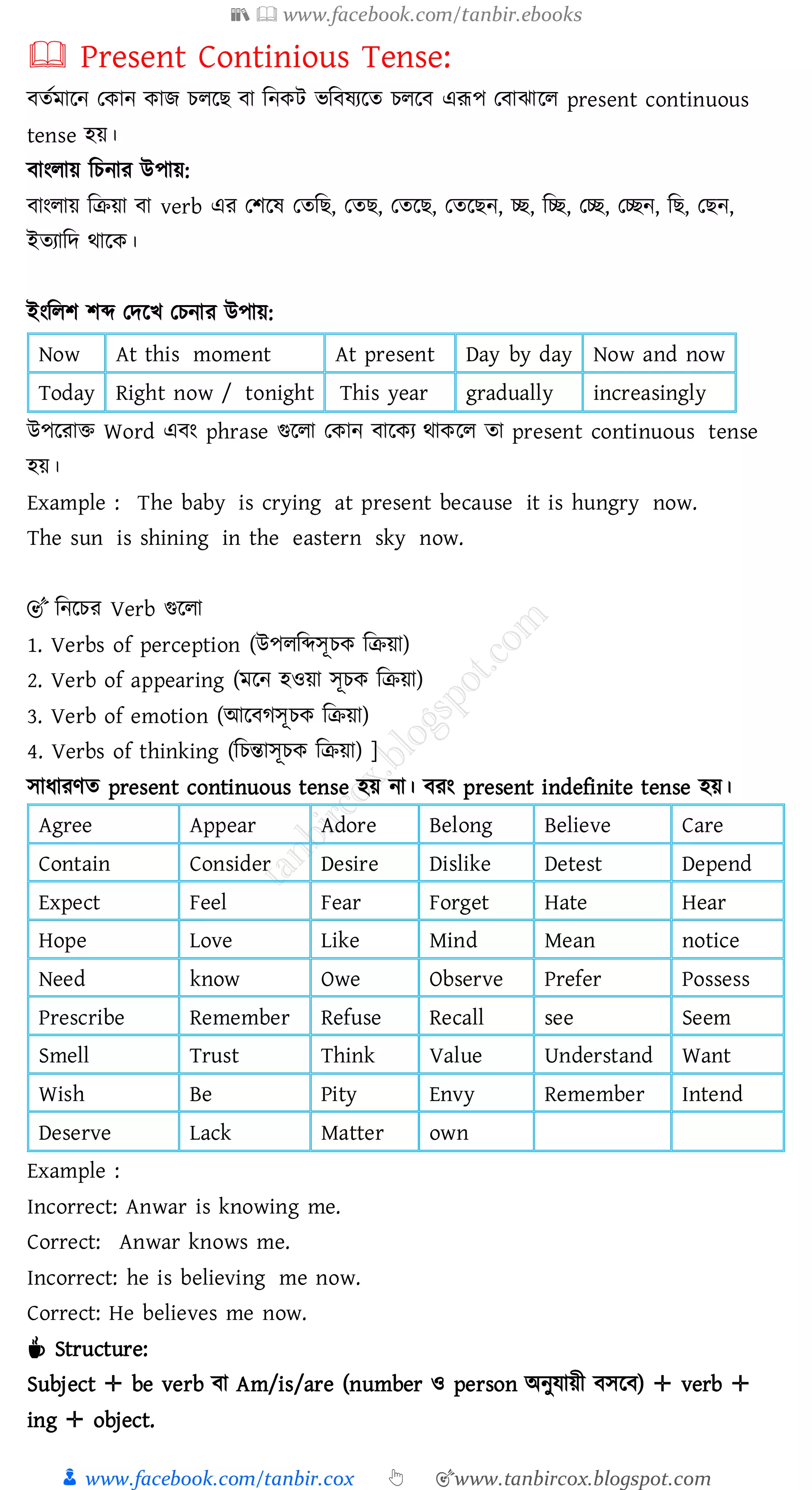 📚  www.facebook.com/tanbir.ebooks
👦 www.facebook.com/tanbir.cox 👆 🎯www.tanbircox.blogspot.com
🕮 Present Continious Tense:
বেতমারন তকান কাি েেরি বা জনকট ভজবষ্েরে েেরব এরূপ তবাঝারে present continuous
tense হয়।
বাংোয় জেনাে উপায়:
বাংোয় জিয়া বা verb এে তিরষ্ তেজি, তেি, তেরি, তেরিন, চ্ছ, জচ্ছ, তচ্ছ, তচ্ছন, জি, তিন,
ইেোজদ থারক।
ইংজেি িব্দ তদরখ তেনাে উপায়:
Now At this moment At present Day by day Now and now
Today Right now / tonight This year gradually increasingly
উপরোি Word এবং phrase গুরো তকান বারকে থাকরে ো present continuous tense
হয়।
Example : The baby is crying at present because it is hungry now.
The sun is shining in the eastern sky now.
🎯 জনরেে Verb গুরো
1. Verbs of perception (উপেজব্দসূেক জিয়া)
2. Verb of appearing (মরন হওয়া সূেক জিয়া)
3. Verb of emotion (আরবেসূেক জিয়া)
4. Verbs of thinking (জেন্তাসূেক জিয়া) ]
সাযােণে present continuous tense হয় না। বেং present indefinite tense হয়।
Agree Appear Adore Belong Believe Care
Contain Consider Desire Dislike Detest Depend
Expect Feel Fear Forget Hate Hear
Hope Love Like Mind Mean notice
Need know Owe Observe Prefer Possess
Prescribe Remember Refuse Recall see Seem
Smell Trust Think Value Understand Want
Wish Be Pity Envy Remember Intend
Deserve Lack Matter own
Example :
Incorrect: Anwar is knowing me.
Correct: Anwar knows me.
Incorrect: he is believing me now.
Correct: He believes me now.
☕ Structure:
Subject ✛ be verb বা Am/is/are (number ও person অনুযায়ী বসরব) ✛ verb ✛
ing ✛ object.
 