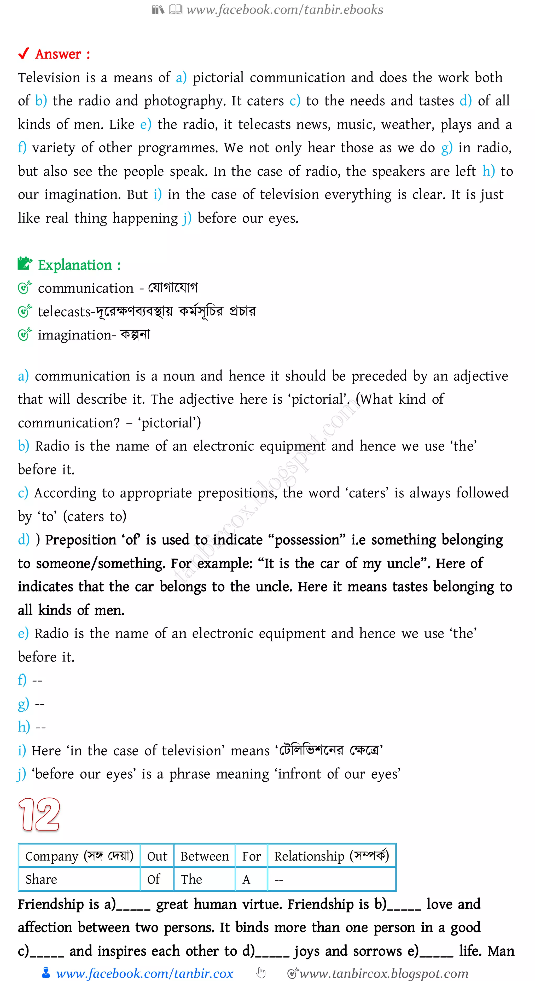 📚  www.facebook.com/tanbir.ebooks
👦 www.facebook.com/tanbir.cox 👆 🎯www.tanbircox.blogspot.com
✔ Answer :
Television is a means of a) pictorial communication and does the work both
of b) the radio and photography. It caters c) to the needs and tastes d) of all
kinds of men. Like e) the radio, it telecasts news, music, weather, plays and a
f) variety of other programmes. We not only hear those as we do g) in radio,
but also see the people speak. In the case of radio, the speakers are left h) to
our imagination. But i) in the case of television everything is clear. It is just
like real thing happening j) before our eyes.
📝 Explanation :
🎯 communication - তযাোরযাে
🎯 telecasts-দূরেক্ষণবেবস্থায় কমতসূজেে প্রোে
🎯 imagination- কল্পনা
a) communication is a noun and hence it should be preceded by an adjective
that will describe it. The adjective here is ‘pictorial’. (What kind of
communication? – ‘pictorial’)
b) Radio is the name of an electronic equipment and hence we use ‘the’
before it.
c) According to appropriate prepositions, the word ‘caters’ is always followed
by ‘to’ (caters to)
d) ) Preposition ‘of’ is used to indicate “possession” i.e something belonging
to someone/something. For example: “It is the car of my uncle”. Here of
indicates that the car belongs to the uncle. Here it means tastes belonging to
all kinds of men.
e) Radio is the name of an electronic equipment and hence we use ‘the’
before it.
f) --
g) --
h) --
i) Here ‘in the case of television’ means ‘তটজেজভিরনে তক্ষরত্র’
j) ‘before our eyes’ is a phrase meaning ‘infront of our eyes’
Company (সি তদয়া) Out Between For Relationship (সম্পকত)
Share Of The A --
Friendship is a)_____ great human virtue. Friendship is b)_____ love and
affection between two persons. It binds more than one person in a good
c)_____ and inspires each other to d)_____ joys and sorrows e)_____ life. Man
 