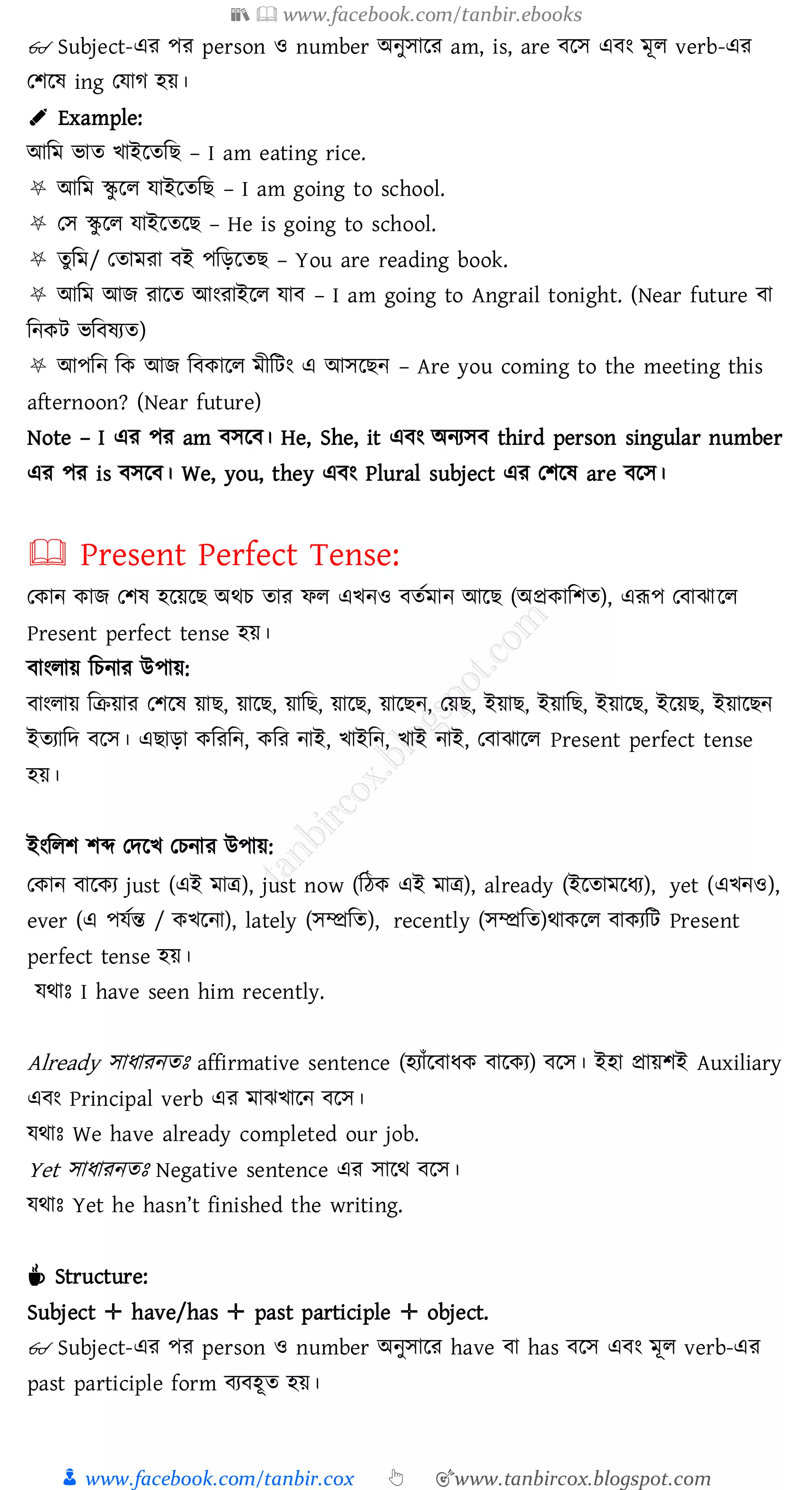 📚  www.facebook.com/tanbir.ebooks
👦 www.facebook.com/tanbir.cox 👆 🎯www.tanbircox.blogspot.com
👓 Subject-এে পে person ও number অনুসারে am, is, are বরস এবং মূে verb-এে
তিরষ্ ing তযাে হয়।
✐ Example:
আজম ভাে খাইরেজি – I am eating rice.
⛧ আজম স্কু রে যাইরেজি – I am going to school.
⛧ তস স্কু রে যাইরেরি – He is going to school.
⛧ েুজম/ তোমো বই পজড়রেি – You are reading book.
⛧ আজম আি োরে আংোইরে যাব – I am going to Angrail tonight. (Near future বা
জনকট ভজবষ্েে)
⛧ আপজন জক আি জবকারে মীজটং এ আসরিন – Are you coming to the meeting this
afternoon? (Near future)
Note – I এে পে am বসরব। He, She, it এবং অনেসব third person singular number
এে পে is বসরব। We, you, they এবং Plural subject এে তিরষ্ are বরস।
🕮 Present Perfect Tense:
তকান কাি তিষ্ হরয়রি অথে োে ফে এখনও বেতমান আরি (অপ্রকাজিে), এরূপ তবাঝারে
Present perfect tense হয়।
বাংোয় জেনাে উপায়:
বাংোয় জিয়াে তিরষ্ য়াি, য়ারি, য়াজি, য়ারি, য়ারিন, তয়ি, ইয়াি, ইয়াজি, ইয়ারি, ইরয়ি, ইয়ারিন
ইেোজদ বরস। এিাড়া কজেজন, কজে নাই, খাইজন, খাই নাই, তবাঝারে Present perfect tense
হয়।
ইংজেি িব্দ তদরখ তেনাে উপায়:
তকান বারকে just (এই মাত্র), just now (জঠক এই মাত্র), already (ইরোমরযে), yet (এখনও),
ever (এ পযতন্ত / কখরনা), lately (সম্প্রজে), recently (সম্প্রজে)থাকরে বাকেজট Present
perfect tense হয়।
যথাঃ I have seen him recently.
Already সাযােনেঃ affirmative sentence (হোাঁরবাযক বারকে) বরস। ইহা প্রায়িই Auxiliary
এবং Principal verb এে মাঝখারন বরস।
যথাঃ We have already completed our job.
Yet সাযােনেঃ Negative sentence এে সারথ বরস।
যথাঃ Yet he hasn’t finished the writing.
☕ Structure:
Subject ✛ have/has ✛ past participle ✛ object.
👓 Subject-এে পে person ও number অনুসারে have বা has বরস এবং মূে verb-এে
past participle form বেবহূে হয়।
 