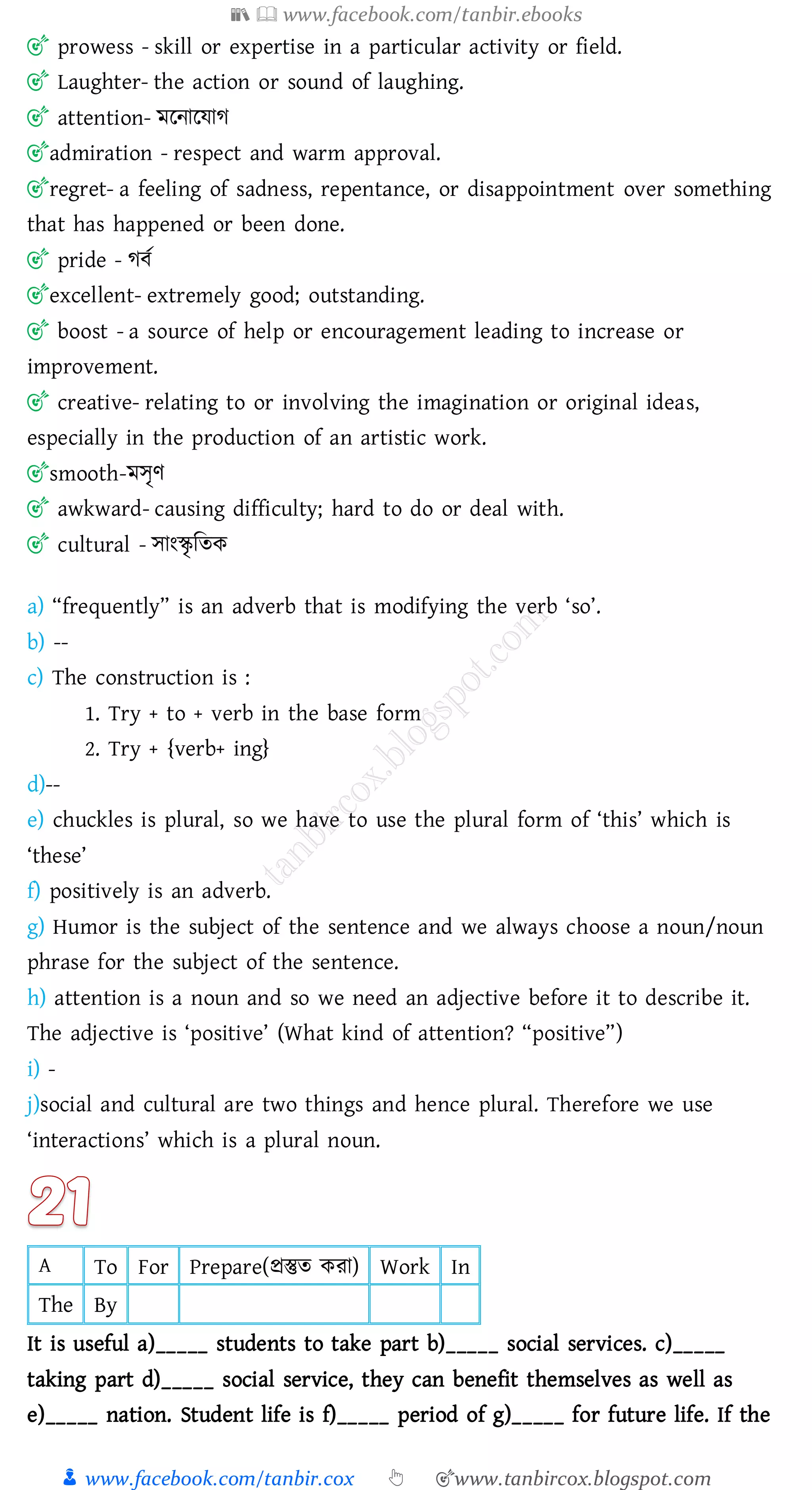 📚  www.facebook.com/tanbir.ebooks
👦 www.facebook.com/tanbir.cox 👆 🎯www.tanbircox.blogspot.com
🎯 prowess - skill or expertise in a particular activity or field.
🎯 Laughter- the action or sound of laughing.
🎯 attention- মরনারযাে
🎯admiration - respect and warm approval.
🎯regret- a feeling of sadness, repentance, or disappointment over something
that has happened or been done.
🎯 pride - েবত
🎯excellent- extremely good; outstanding.
🎯 boost - a source of help or encouragement leading to increase or
improvement.
🎯 creative- relating to or involving the imagination or original ideas,
especially in the production of an artistic work.
🎯smooth-মসৃণ
🎯 awkward- causing difficulty; hard to do or deal with.
🎯 cultural - সাংস্কৃ জেক
a) “frequently” is an adverb that is modifying the verb ‘so’.
b) --
c) The construction is :
1. Try + to + verb in the base form
2. Try + {verb+ ing}
d)--
e) chuckles is plural, so we have to use the plural form of ‘this’ which is
‘these’
f) positively is an adverb.
g) Humor is the subject of the sentence and we always choose a noun/noun
phrase for the subject of the sentence.
h) attention is a noun and so we need an adjective before it to describe it.
The adjective is ‘positive’ (What kind of attention? “positive”)
i) -
j)social and cultural are two things and hence plural. Therefore we use
‘interactions’ which is a plural noun.
A To For Prepare(প্রস্তুে কো) Work In
The By
It is useful a)_____ students to take part b)_____ social services. c)_____
taking part d)_____ social service, they can benefit themselves as well as
e)_____ nation. Student life is f)_____ period of g)_____ for future life. If the
 