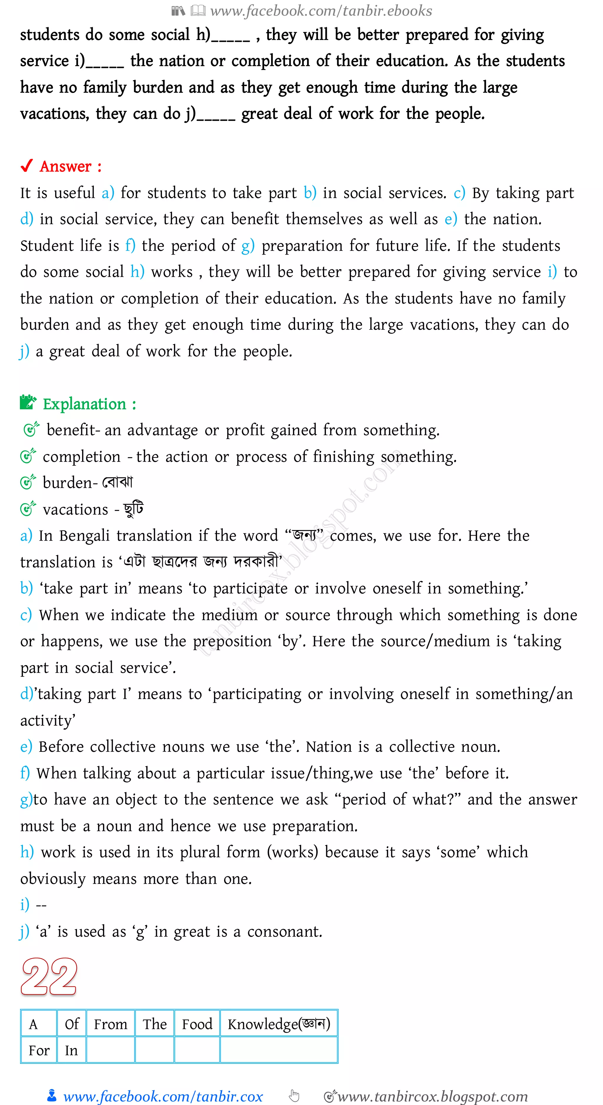 📚  www.facebook.com/tanbir.ebooks
👦 www.facebook.com/tanbir.cox 👆 🎯www.tanbircox.blogspot.com
students do some social h)_____ , they will be better prepared for giving
service i)_____ the nation or completion of their education. As the students
have no family burden and as they get enough time during the large
vacations, they can do j)_____ great deal of work for the people.
✔ Answer :
It is useful a) for students to take part b) in social services. c) By taking part
d) in social service, they can benefit themselves as well as e) the nation.
Student life is f) the period of g) preparation for future life. If the students
do some social h) works , they will be better prepared for giving service i) to
the nation or completion of their education. As the students have no family
burden and as they get enough time during the large vacations, they can do
j) a great deal of work for the people.
📝 Explanation :
🎯 benefit- an advantage or profit gained from something.
🎯 completion - the action or process of finishing something.
🎯 burden- তবাঝা
🎯 vacations - িুজট
a) In Bengali translation if the word “িনে” comes, we use for. Here the
translation is ‘এটা িাত্ররদে িনে দেকােী’
b) ‘take part in’ means ‘to participate or involve oneself in something.’
c) When we indicate the medium or source through which something is done
or happens, we use the preposition ‘by’. Here the source/medium is ‘taking
part in social service’.
d)’taking part I’ means to ‘participating or involving oneself in something/an
activity’
e) Before collective nouns we use ‘the’. Nation is a collective noun.
f) When talking about a particular issue/thing,we use ‘the’ before it.
g)to have an object to the sentence we ask “period of what?” and the answer
must be a noun and hence we use preparation.
h) work is used in its plural form (works) because it says ‘some’ which
obviously means more than one.
i) --
j) ‘a’ is used as ‘g’ in great is a consonant.
A Of From The Food Knowledge(জ্ঞান)
For In
 