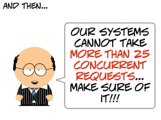 and then...


              our systems
               cannot take
              more than 25
              concurrent
               requests...
              make sure of
                   it!!!
 