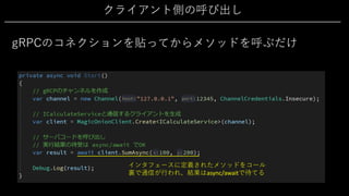 クライアント側の呼び出し
gRPCのコネクションを貼ってからメソッドを呼ぶだけ
インタフェースに定義されたメソッドをコール
裏で通信が⾏われ、結果はasync/awaitで待てる
 