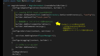 Configファイルの読み込み設定
・./config/local.jsonの読み込み
・環境変数のバインド
・起動時のコマンドライン引数の読み込み
 